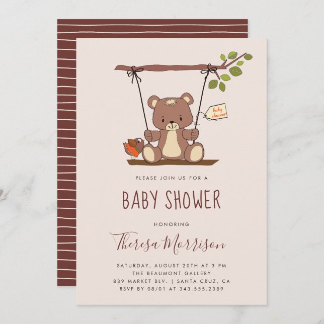 Invitation à une Baby Shower Ourson Fantaisiste (Devant / Derrière)