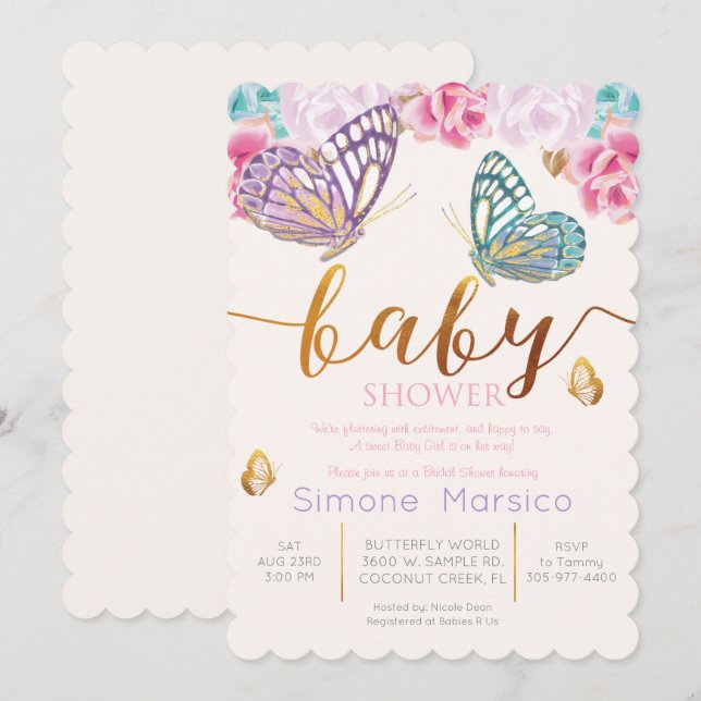 Invitation à une baby shower Papillon (Devant / Derrière)