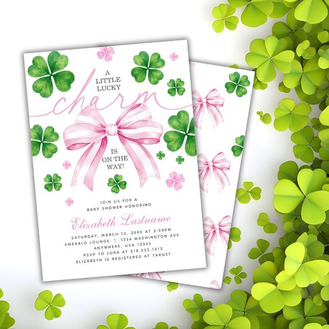 Invitation à une Baby Shower : Porte-bonheur Nœud  (Pink Bow Lucky Charm Baby Shower Invitation)