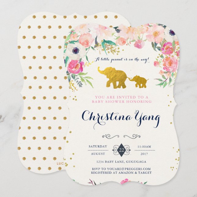 Invitation à une Baby Shower pour Éléphant (Devant / Derrière)
