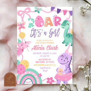 Invitation à une baby shower pour fille avec dinos