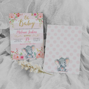 Invitation à une baby shower pour fille, Éléphant 