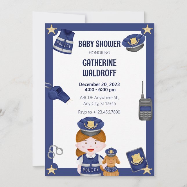 Invitation à une baby shower pour fille policier (Devant)