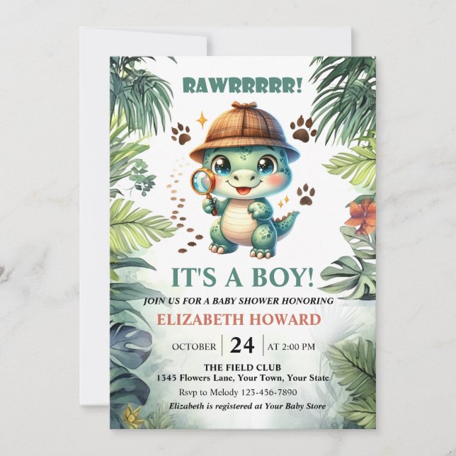 Invitation à une baby shower pour un bébé dinosaur (Devant)