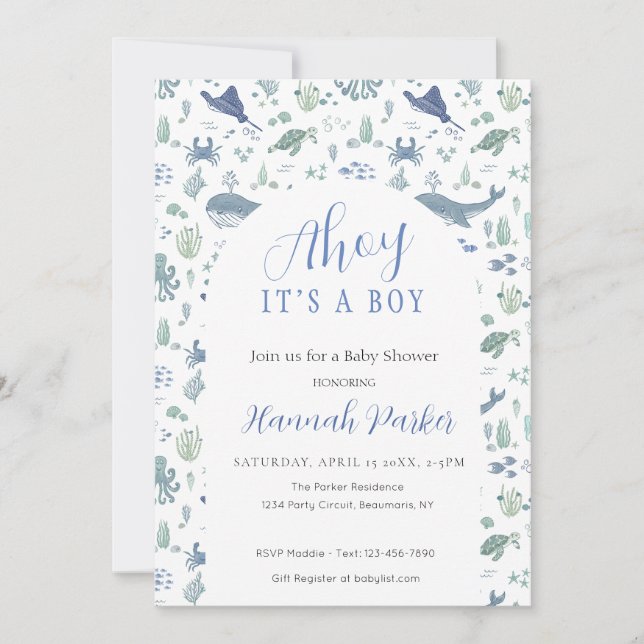 Invitation à une baby shower pour un garçon : Ohé  (Devant)