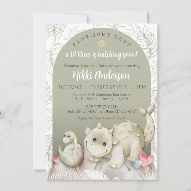 Invitation à une Baby Shower Rawr-astique pour Din (Devant)