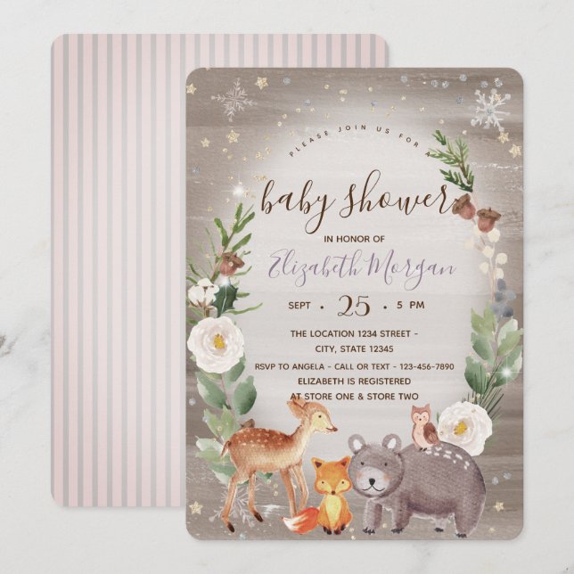 Invitation à une baby shower rayée pour les animau (Devant / Derrière)