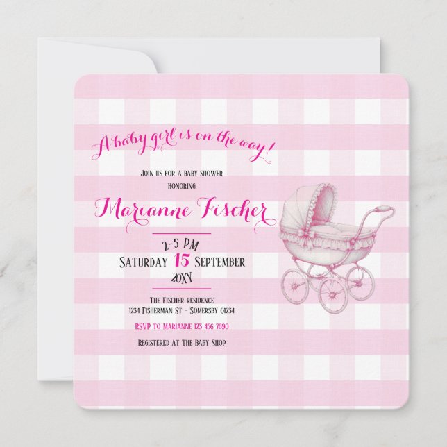 Invitation à une baby shower rétro pour fille (Devant)