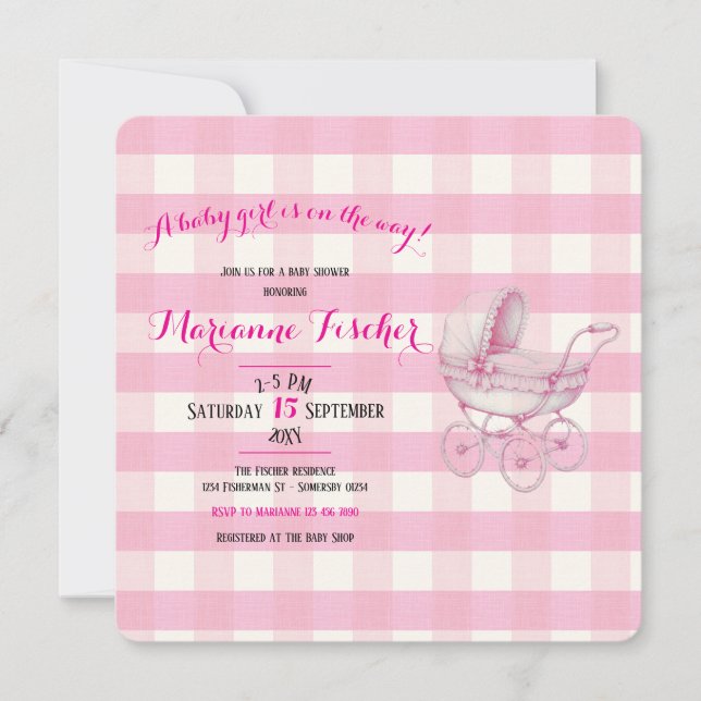 Invitation à une baby shower rétro pour fille (Devant)