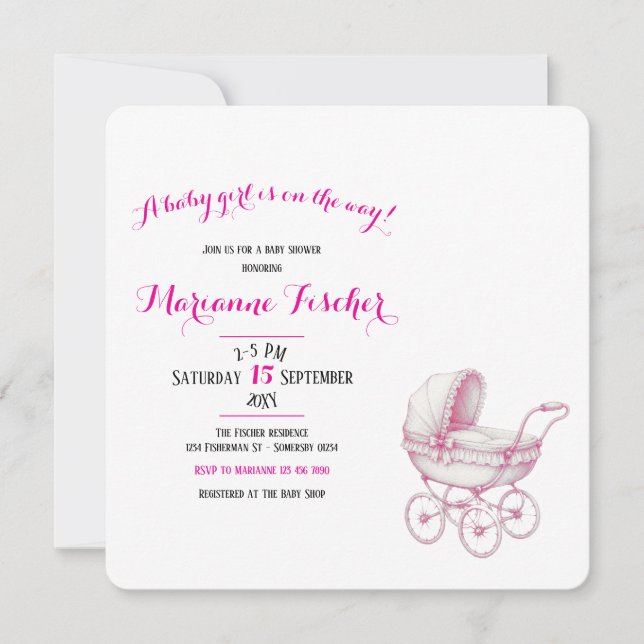 Invitation à une baby shower rétro pour fille (Devant)