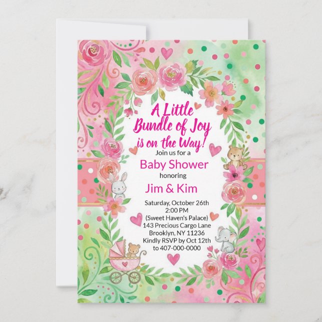 Invitation à une baby shower rose et verte (Devant)