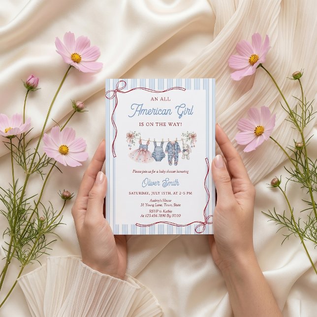 Invitation à une baby shower rouge blanc bleu patr (Créateur téléchargé)