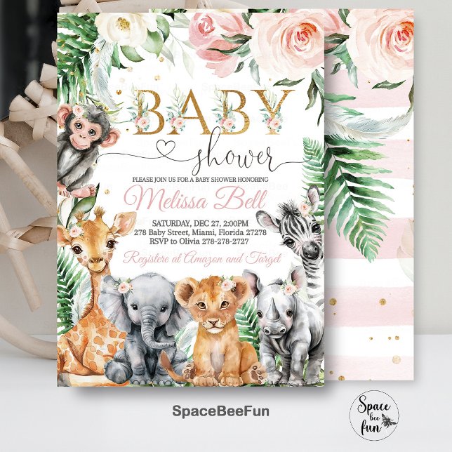 Invitation à une Baby Shower Safari, Fille Safari  (Editable Safari,Baby Shower,Invitation,Girl Safari,Jungle  Animals,Baby Shower Invite,Wild One Invit)
