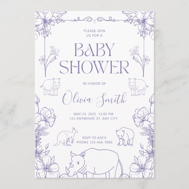Invitation à une Baby Shower sur le thème des Anim (Devant)