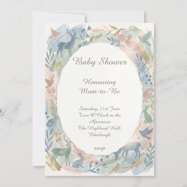 Invitation à une baby shower sur le thème des anim (Devant)