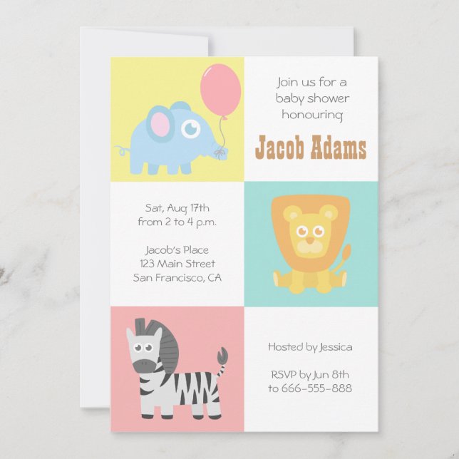 Invitation à une Baby Shower sur le thème des Anim (Devant)