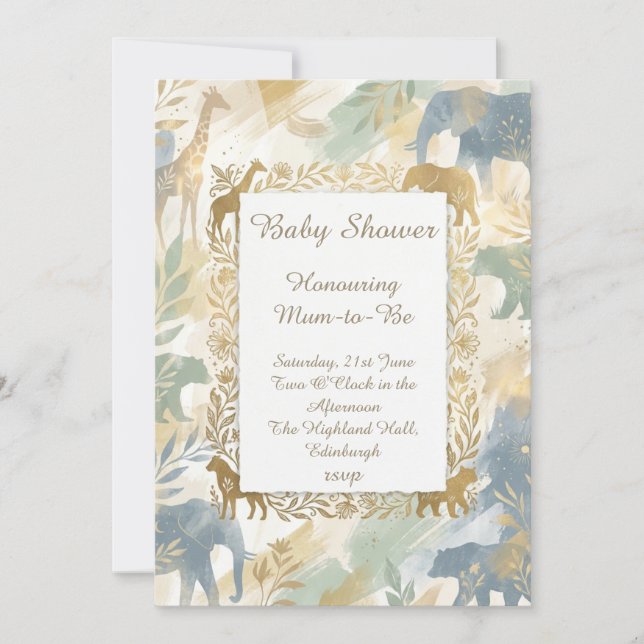 Invitation à une baby shower sur le thème des anim (Devant)