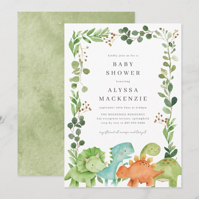Invitation à une Baby Shower sur le thème des Dino (Devant / Derrière)