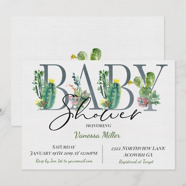 Invitation à une baby shower sur le thème du cactu (Devant / Derrière)
