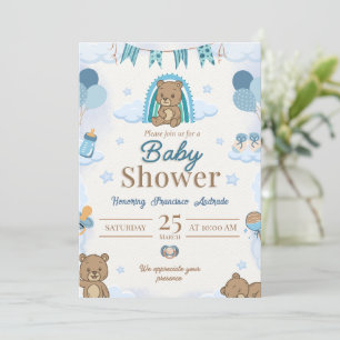 Invitation à une baby shower Teddy Bear Bleu