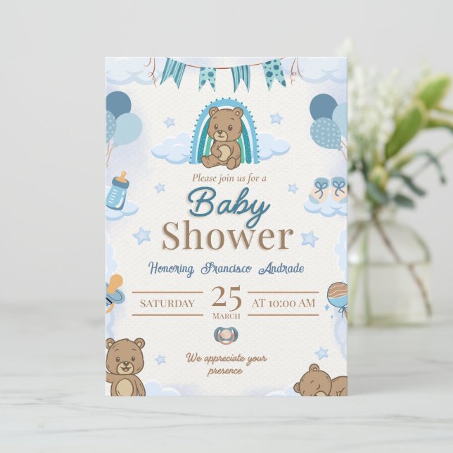Invitation à une baby shower Teddy Bear Bleu (Debout devant)