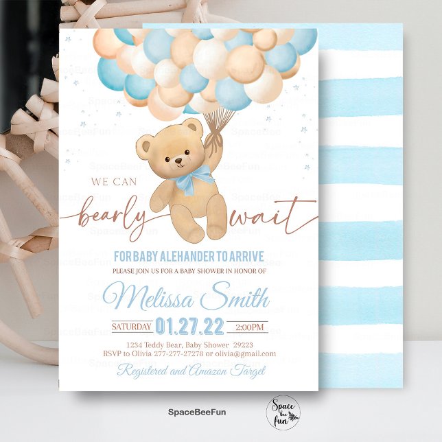 Invitation à une Baby Shower Teddy Bear Nous Pouvo (Teddy Bear invites,Baby Shower,Invitation,We Can Bearly,Wait Boy, hot air balloon,Bear Theme,Baby Sh)