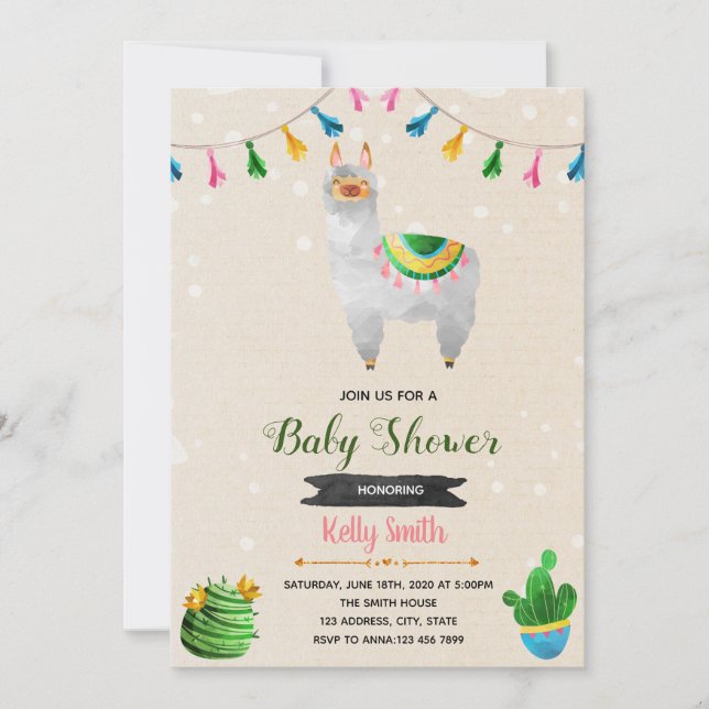 Invitation à une baby shower thème lama mignon (Devant)