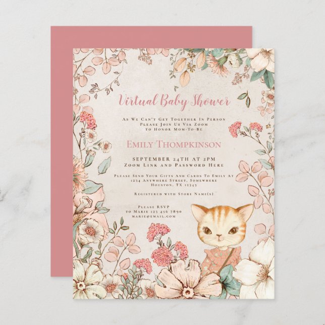 Invitation à une Baby Shower Virtuelle Fille Chatt (Devant / Derrière)