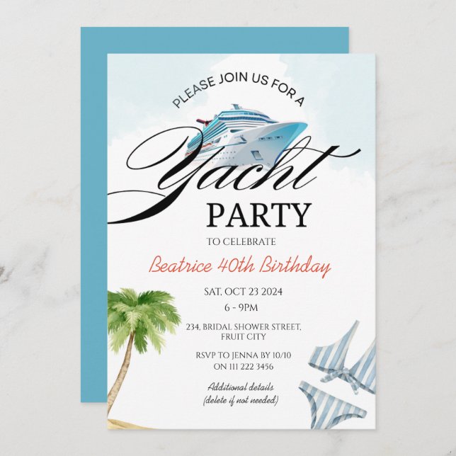 Invitation à une croisière sur un yacht de fête (Devant / Derrière)