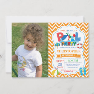 Invitation à une fête à la piscine Orange Splish S