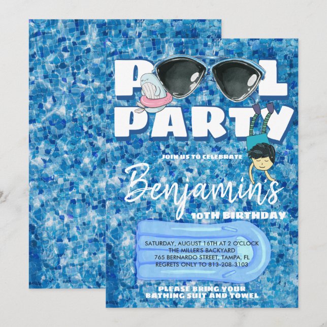 Invitation à une fête au bassin pour garçons (Devant / Derrière)