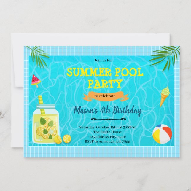 Invitation à une fête au bord de la piscine en été (Devant)