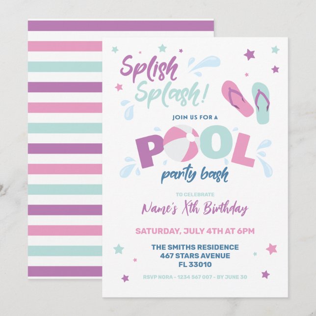 Invitation à une fête au bord de la piscine rose (Devant / Derrière)