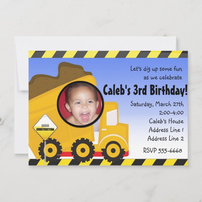 Invitation à une fête avec photo de camion à benne (Devant)