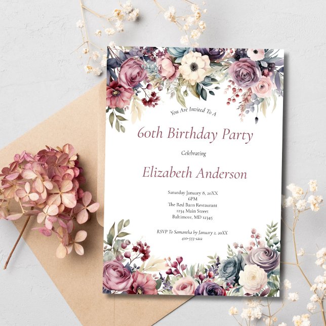 Invitation à une fête d'anniversaire 60 ans Fleurs (Pink purple blue moody florals 60th birthday invitation for her. Digital or Printed. Watercolor )