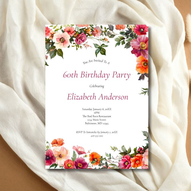 Invitation à une fête d'anniversaire 60 ans Fleurs (Red Pink Watercolor Florals 60th Birthday invitation for her. Printed or Digital Download)