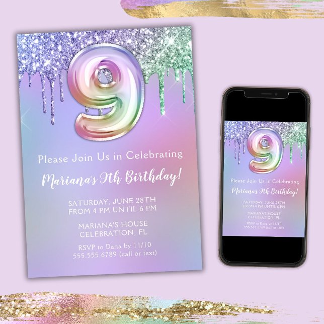 Invitation à une fête d'anniversaire 9 ans Paillet (Créateur téléchargé)