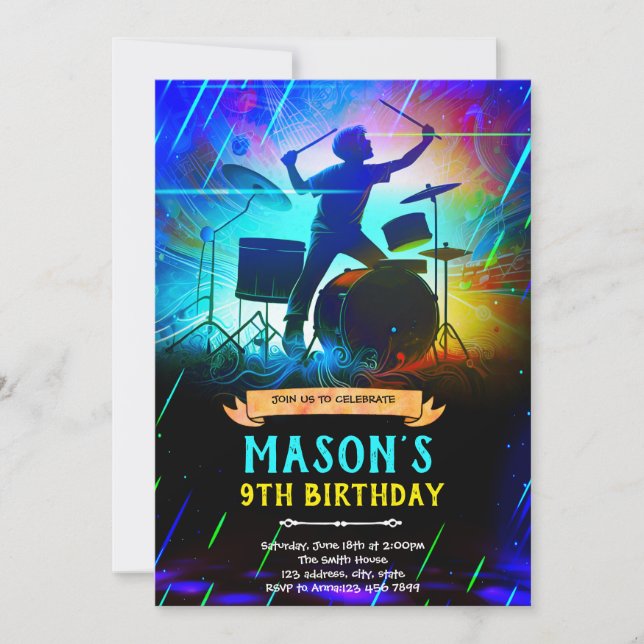 Invitation à une fête d'anniversaire à tambour néo (Devant)