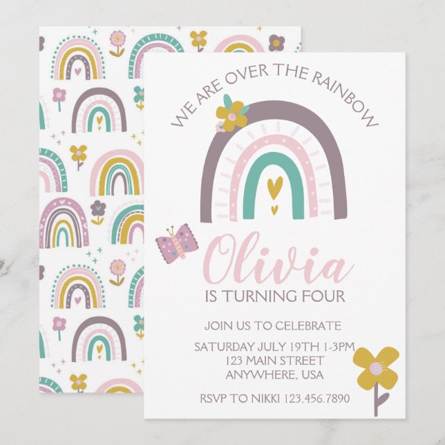 Invitation à une fête d'anniversaire Arc-en-ciel e (Devant / Derrière)