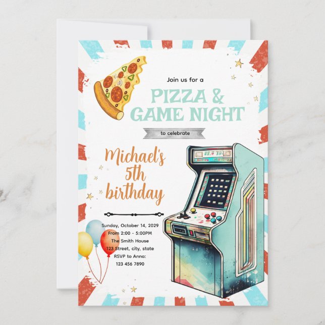Invitation à une fête d'anniversaire arcade et piz (Devant)