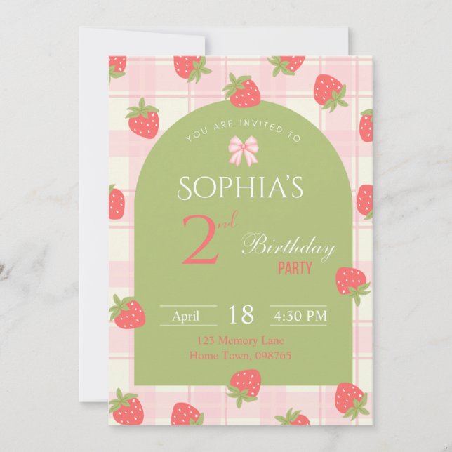 Invitation à une fête d'anniversaire aux fraises (Devant)
