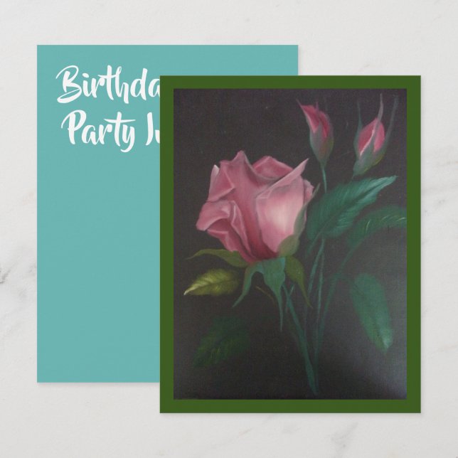 Invitation à une fête d'anniversaire aux roses ros (Devant / Derrière)