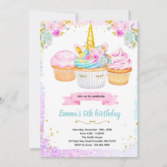 Invitation à une fête d'anniversaire avec cupcake  (Devant)