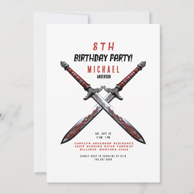 Invitation à une fête d'anniversaire avec une épée (Devant)