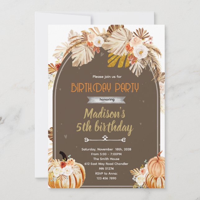 Invitation à une fête d'anniversaire Boho Pumpkin (Devant)