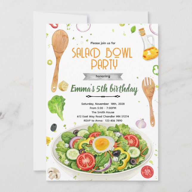 Invitation à une fête d'anniversaire bols de salad (Devant)