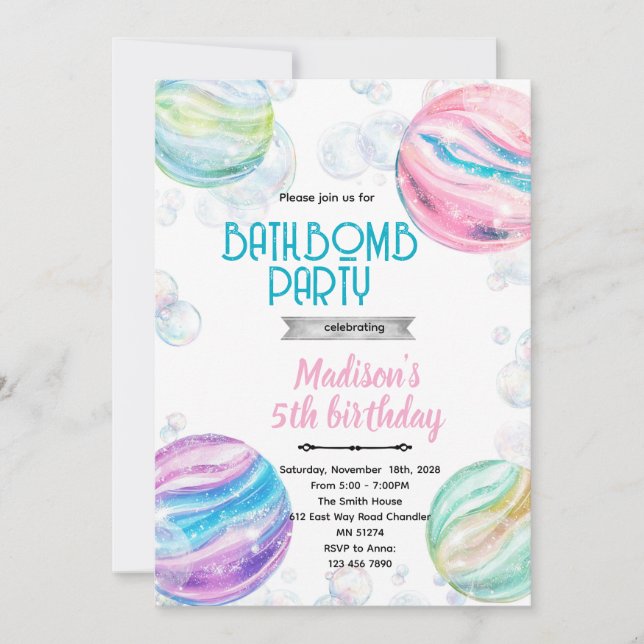 Invitation à une fête d'anniversaire bombes de bai (Devant)