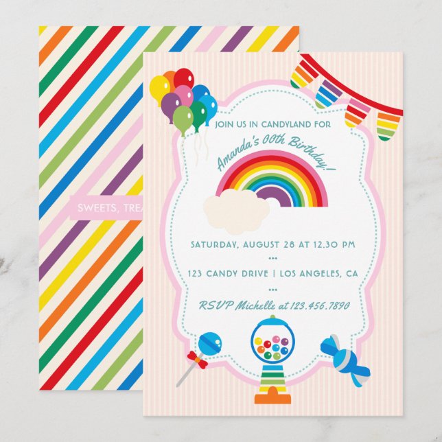 Invitation à une fête d'anniversaire Candy Rainbow (Devant / Derrière)