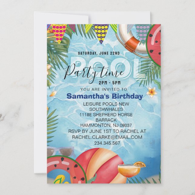 Invitation à une fête d'anniversaire cool piscine (Devant)