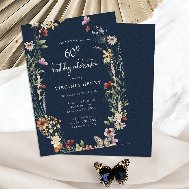 Invitation à une fête d'anniversaire de 60 ans sur (Navy Blue Floral Boho 60th Birthday Party Invitation by Painted Paperie
)